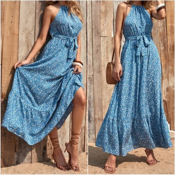 Boho Floral Print Halter Ruffle Maxi Dress CottageCore - Picture 1 of 3